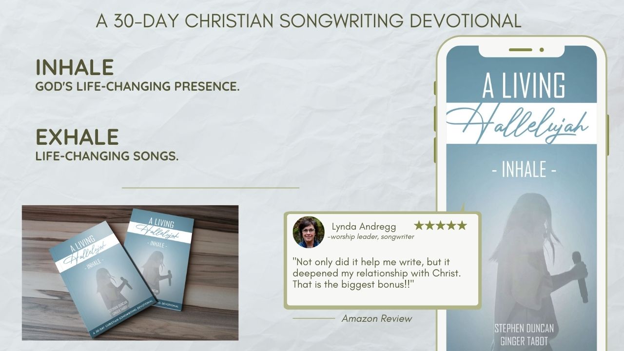 Christian Songwriting devotional on tabletop with 5-star review